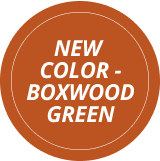 Badge with text reading 'New Color - Boxwood Green'