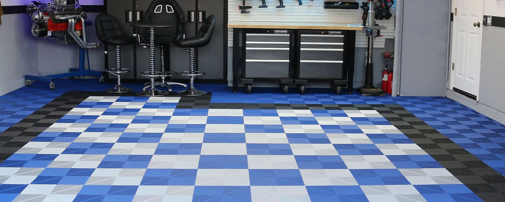 Blue and Gray Checkered Garage Floor with Ribtraxpro Tiles