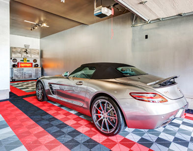 Ferrari on red, black, and grey Swisstrax tile floor