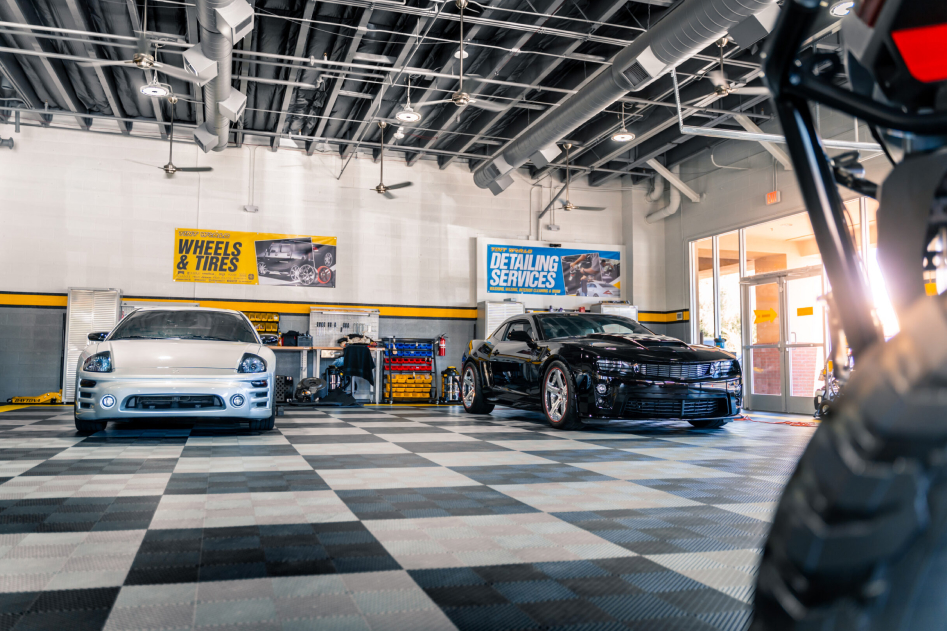 open, airy industrial styling in the Tint World garage