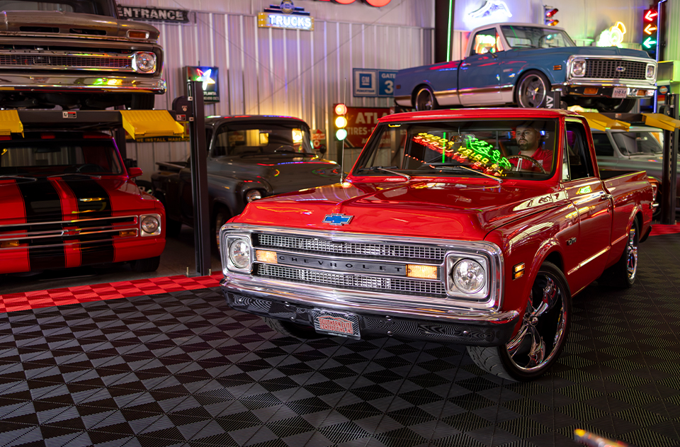 Classic Chevy Pickup Truck on Black Swisstrax Flooring