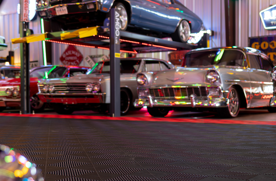 Several Classic Cars in Large Garage with Swisstrax Flooring