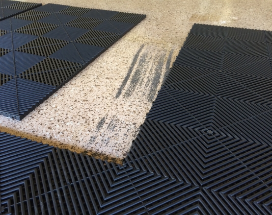 Hot Tire Marks on Floor with Swisstrax Tile Overlaying