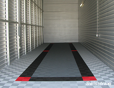 Warehouse Ribtrax Pro tiles installed in red, black, gray, and white