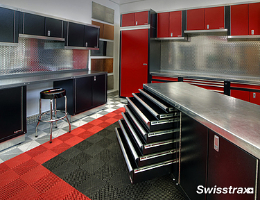 Home workshop installed with Swisstrax's interlocking garage floor tiles