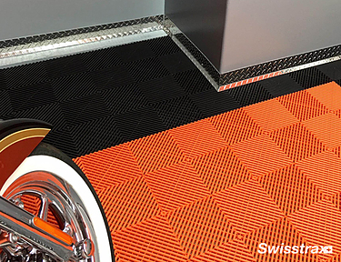 Harley inspired garage flooring using Swisstrax's flooring