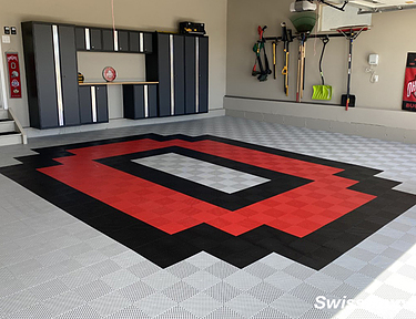2 car garage with Ohio State pattern made from Swisstrax flooring tiles