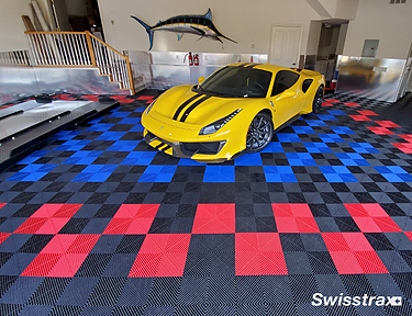 Large garage with race pattern garage flooring from Swisstrax