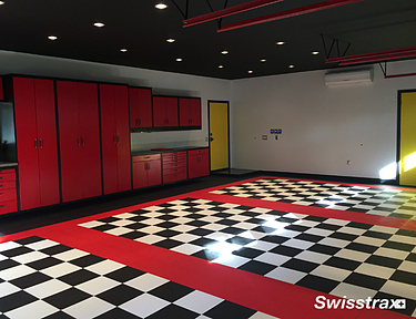 3 car garage with racing pattern garage floor tiles from Swisstrax