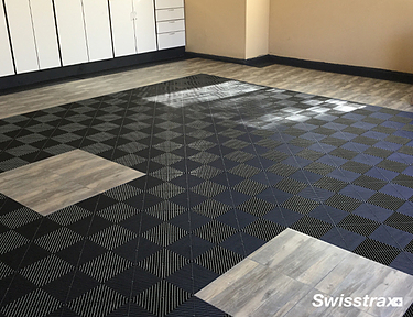 Garage flooring installed with Ribtrax Pro and Vinyltrax Pro tiles from Swisstrax