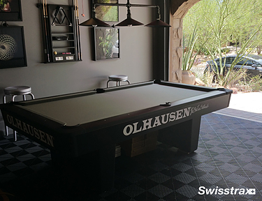 Garage man cave with a pool table ontop of Ribtrax Pro floor tiles